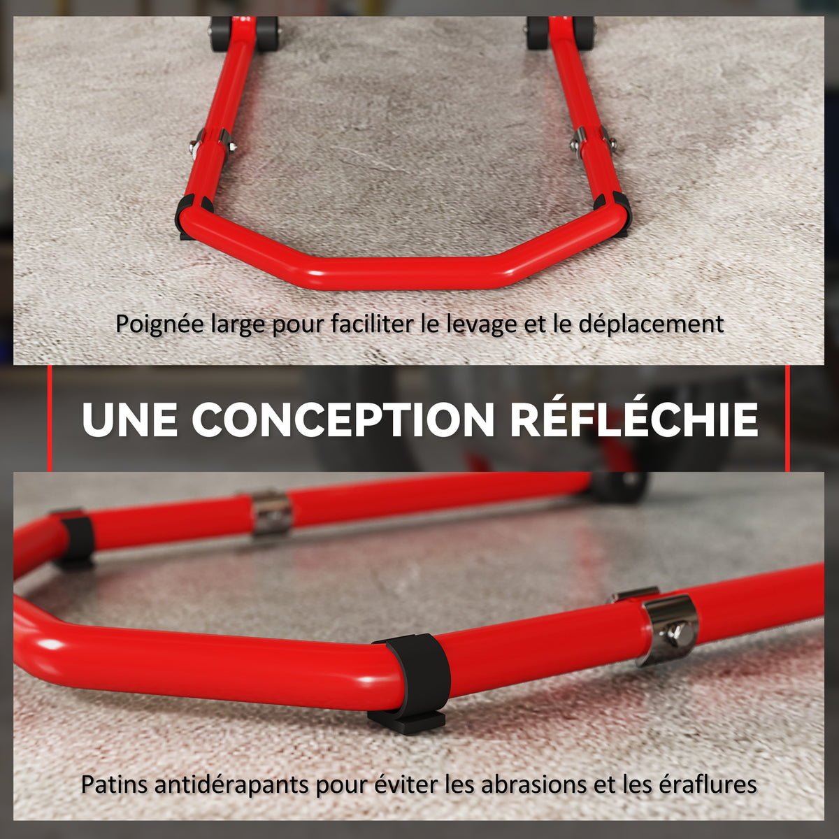 Béquille roue avant arrière charge 390kg béquille d'atelier moto bras réglable en acier, fourche en forme de U + L rouge-6