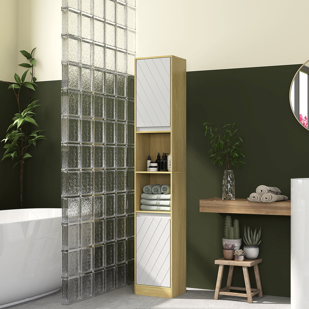 Meuble colonne rangement salle de bain style cosy 30 x 24 x 170 cm 2 portes étagère 2 niches chêne clair blanc-1