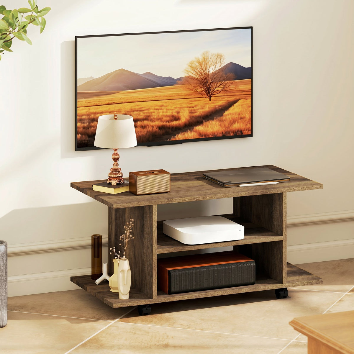 Meuble TV avec roulettes 80 cm, meuble télé pour téléviseur jusqu'à 42 pouces avec étagères ouvertes, noyer-7
