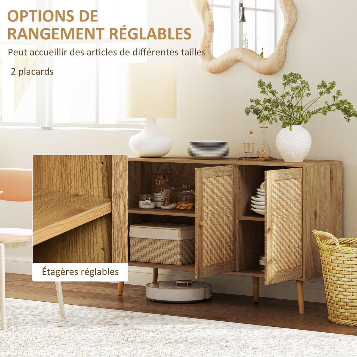 Buffet salon meuble de rangement avec placards à portes en rotin et étagère réglable, bois naturel-3