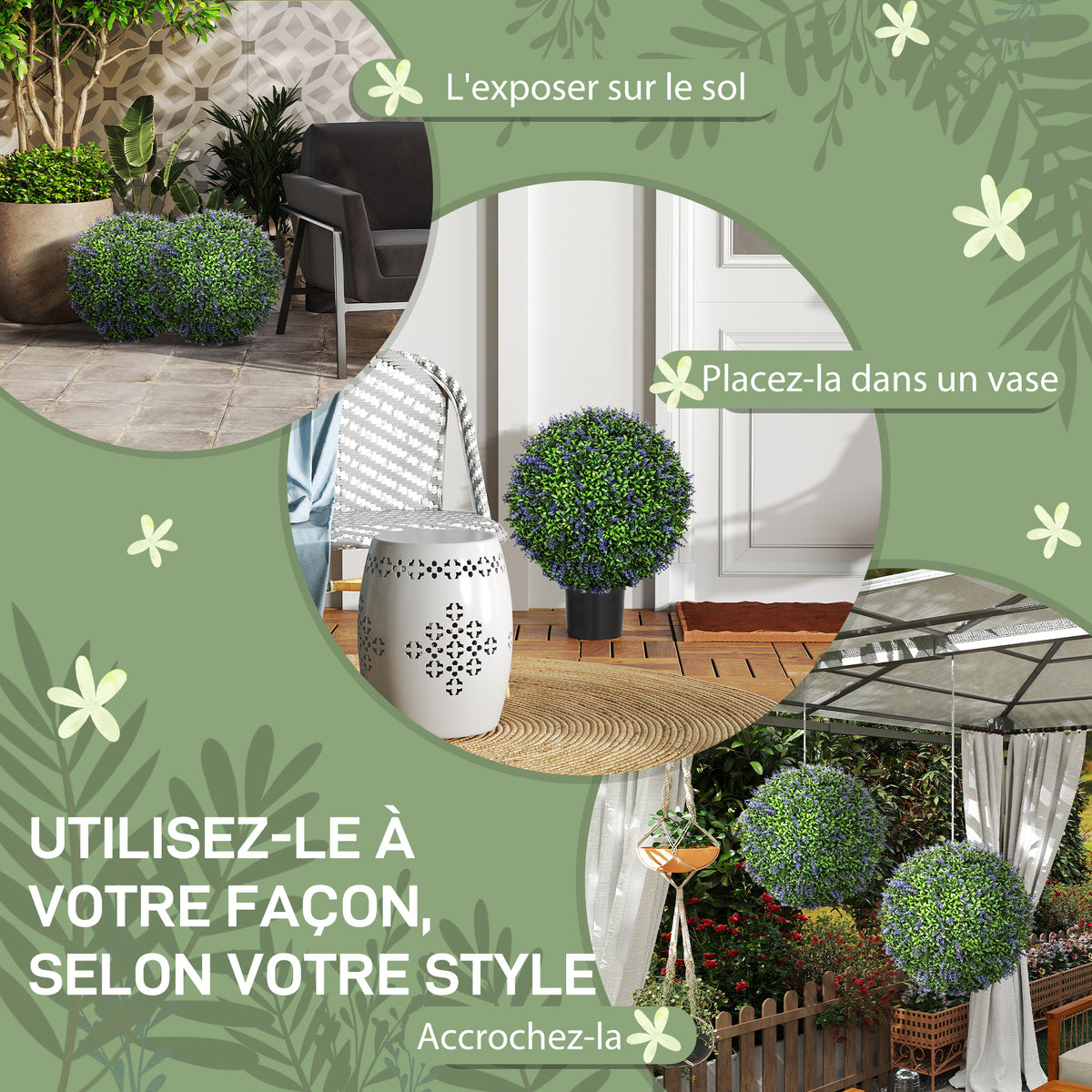 Lot de 2 boules topiaires artificielles, fausses plantes décoratives résistantes aux UV, Ø 42 cm, violet et vert-5
