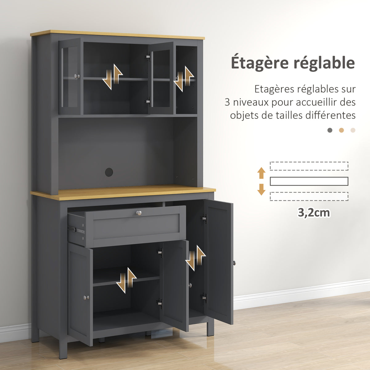 Armoire de cuisine buffet cuisine 5 portes dont 2 portes vitrées et 1 tiroir, 1 niche centrale - hauteur 180 cm gris-4