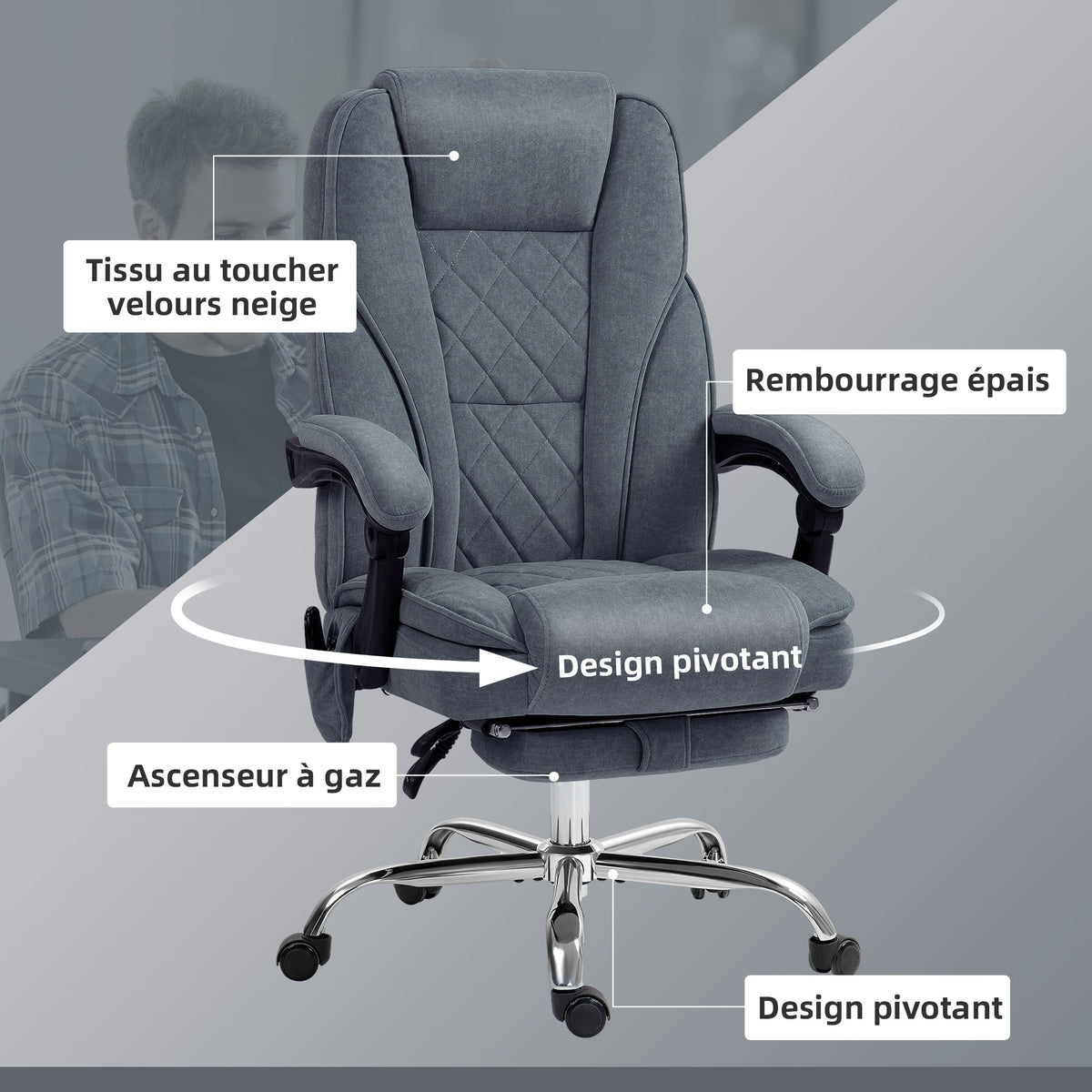 Fauteuil de bureau massant et chauffant hauteur réglable dossier inclinable télécommande repose-pieds rétractable gris-6