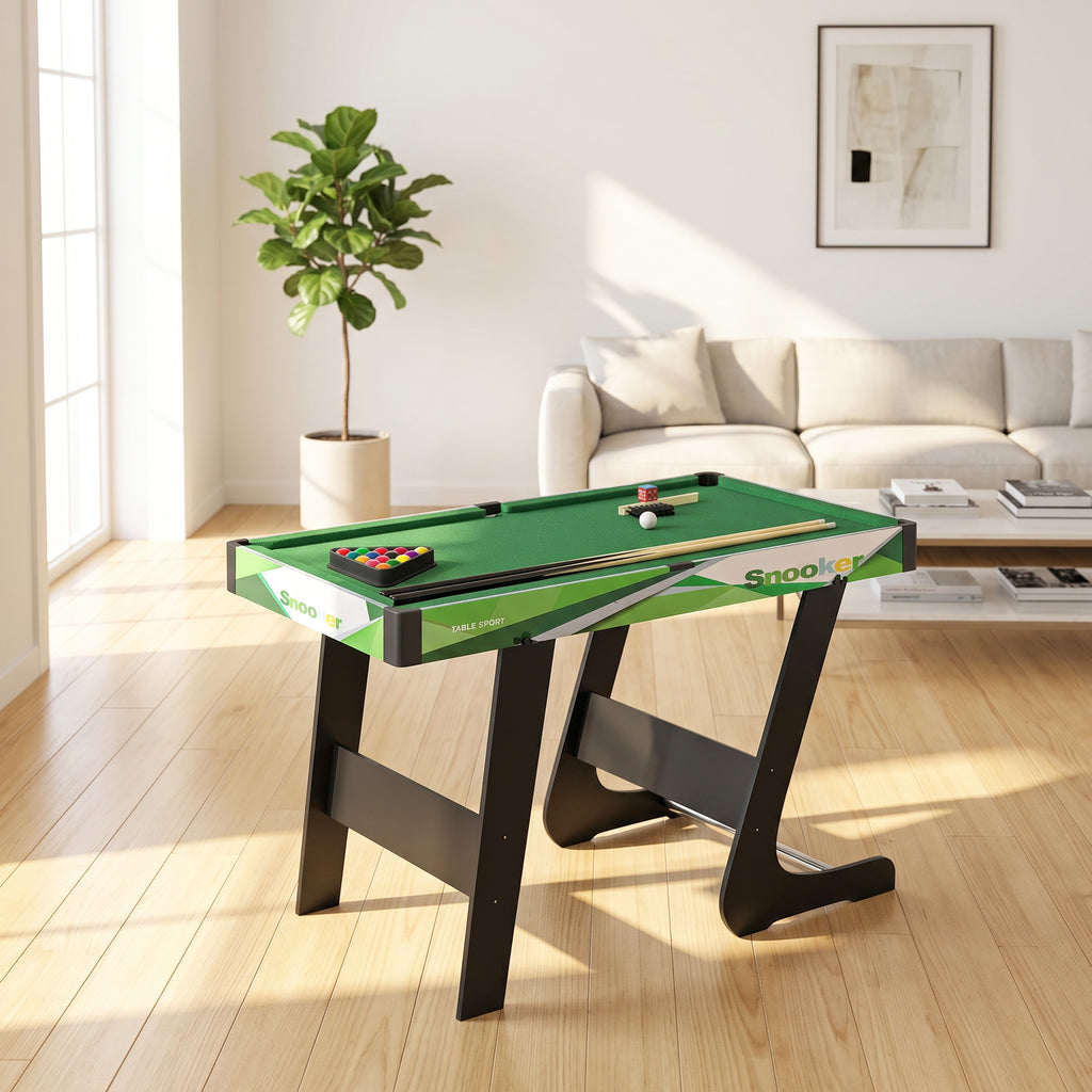 Table de billard pliable avec accessoires 2 queues, 16 billes, traingle, craie, dim. 104L x 55,5l x 68H cm, tapis vert-1
