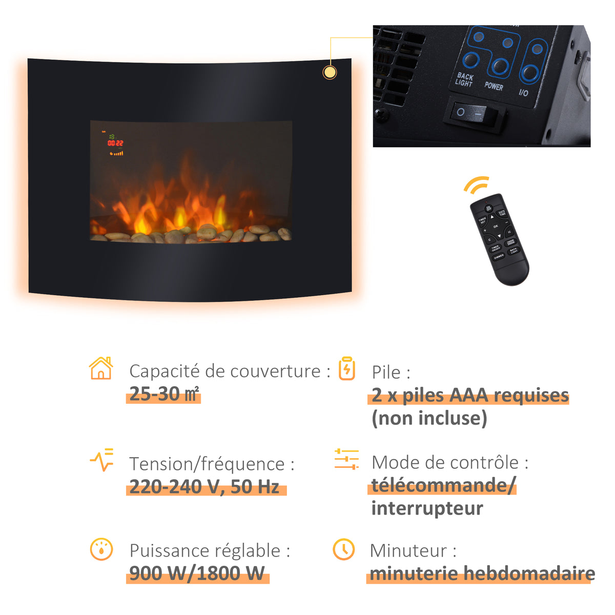 Cheminée électrique Murale éclairages latéraux LED Design Avant-gardiste Affichage LED avec télécommande et minuterie 900/1800 W luminosité réglable Noir-4