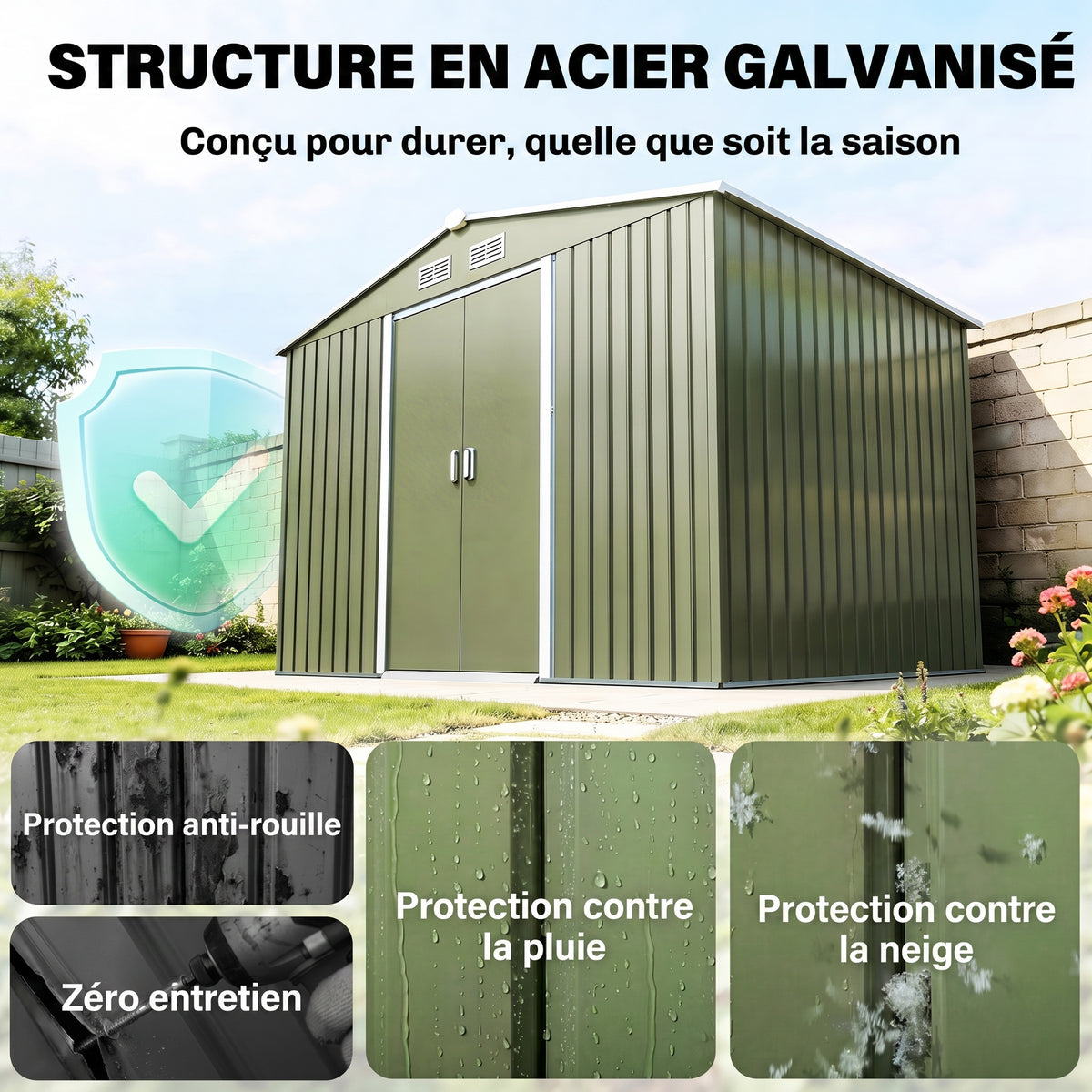 Abri de jardin 5,4 m² 2,77 x 1,95 x 1,92 m kit de fondation porte coulissante ventilations acier galvanisé, vert clair-3
