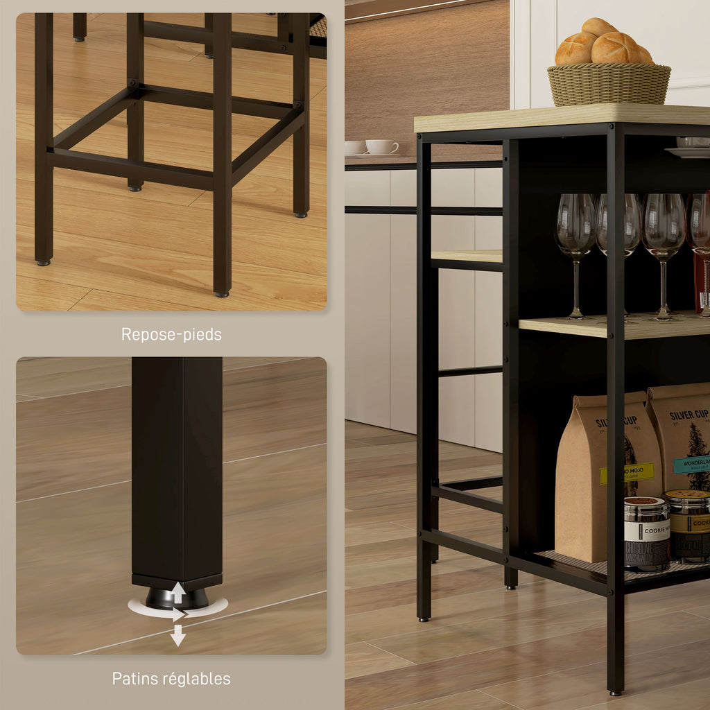 Ensemble table de bar et 2 tabourets style industriel avec étagère de rangement, repose-pieds, métal noir et aspect bois-6