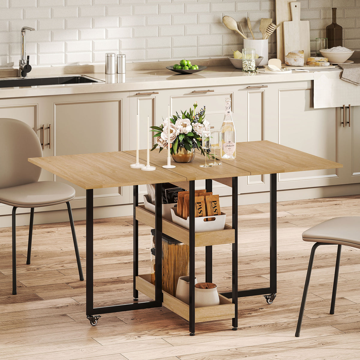 Table à manger pliante sur roulettes 4 personnes avec compartiments ouverts, pour petits espaces, salle à manger, chêne-9