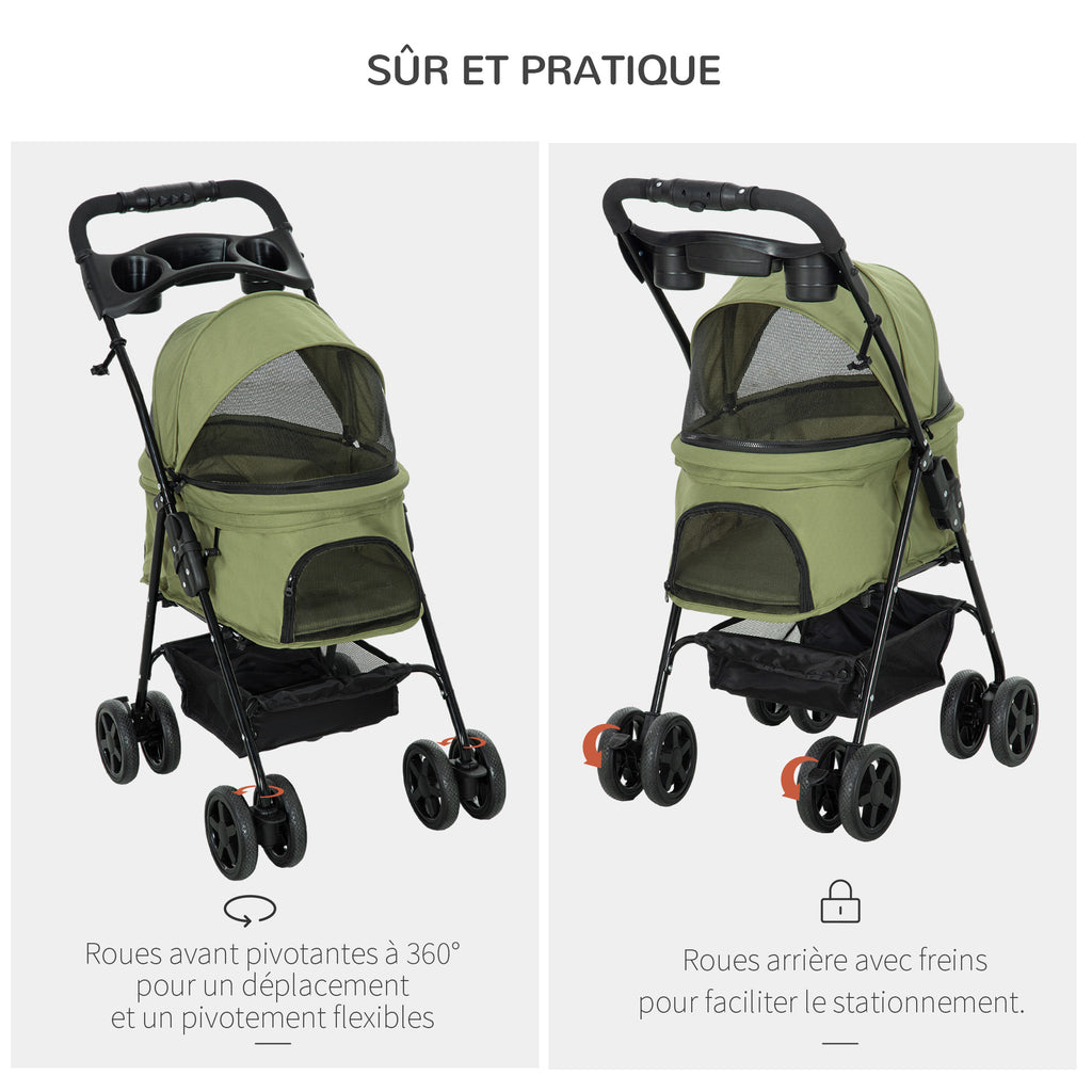 Poussette buggy pliable chien chat panier rangement porte-gobelets tissu 300D Oxford imperméable 4 roues vert-4