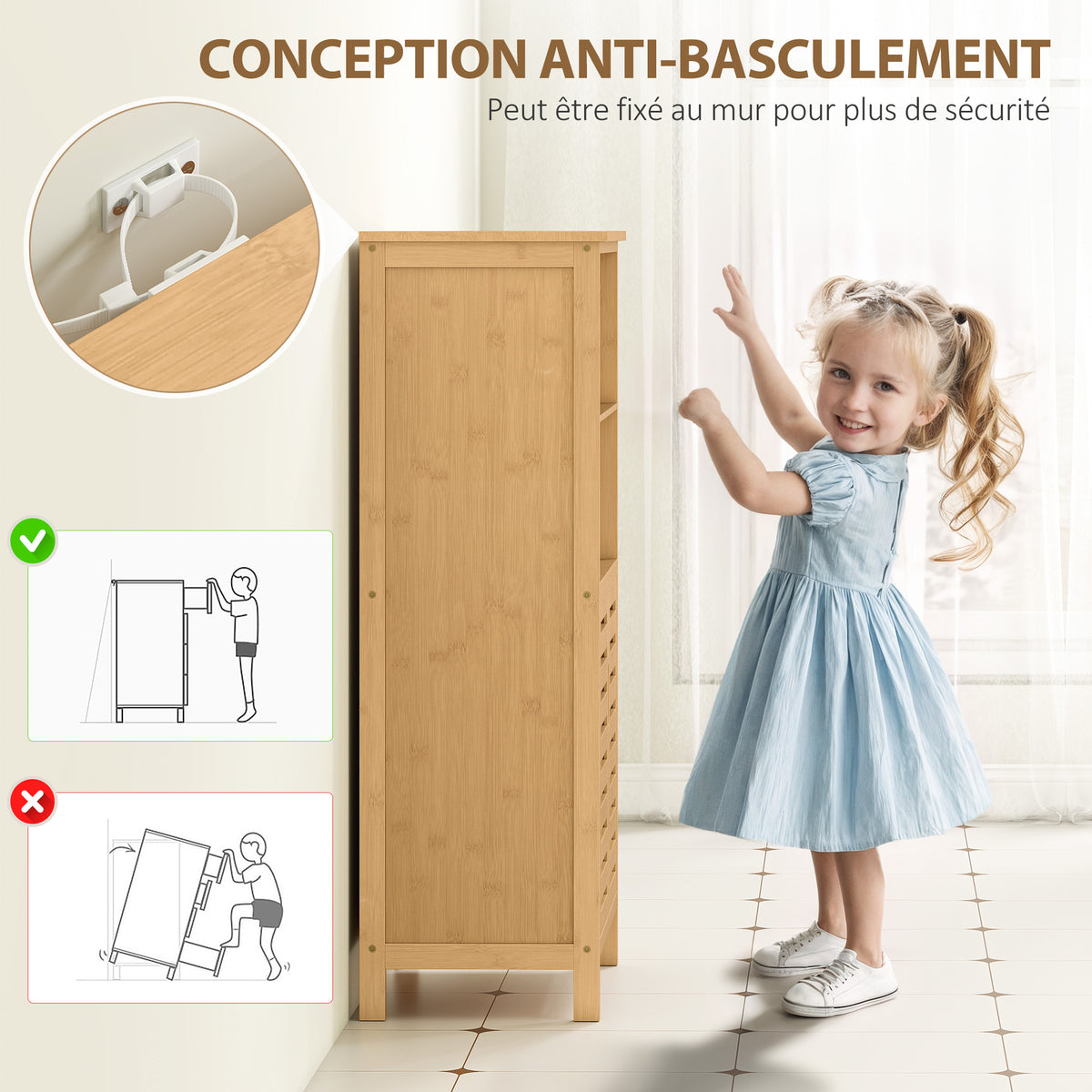 Meuble de rangement salle de bain en bambou avec 2 portes ajourées et 2 compartiments 50 x 29 x 92 cm naturel-6