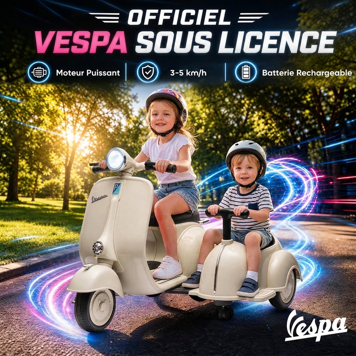 Moto Électrique Enfants sous Licence VESPA 6V 2 Places, Vitesse 3-5 Km/h, Démarrage Progressif, Crème-3
