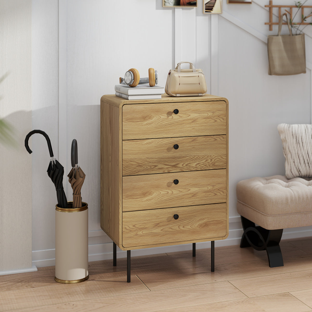 Commode 4 tiroirs, meuble de rangement étroit avec pieds en acier, coins arrondis, 60 x 39 x 91,5 cm, chêne-8