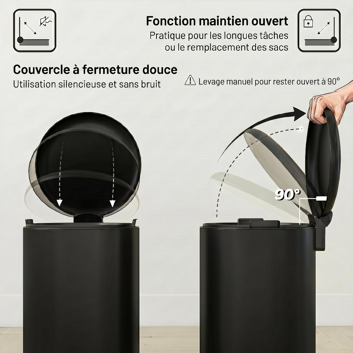 Poubelle de Cuisine 30 L en Métal, Poubelle à Pédale avec Couvercle à Fermeture Douce et Seau Amovible, Noir-4