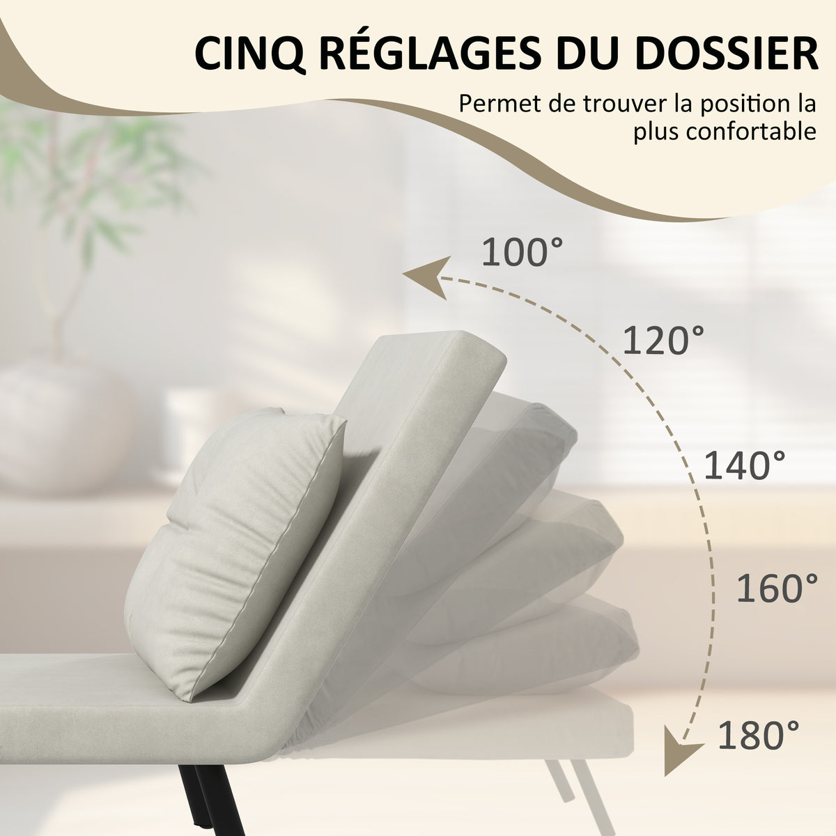 Fauteuil convertible 4 en 1 lit 1 place dossier 5 positions, accoudoirs en bois et coussin, tissu effet velours, crème-4