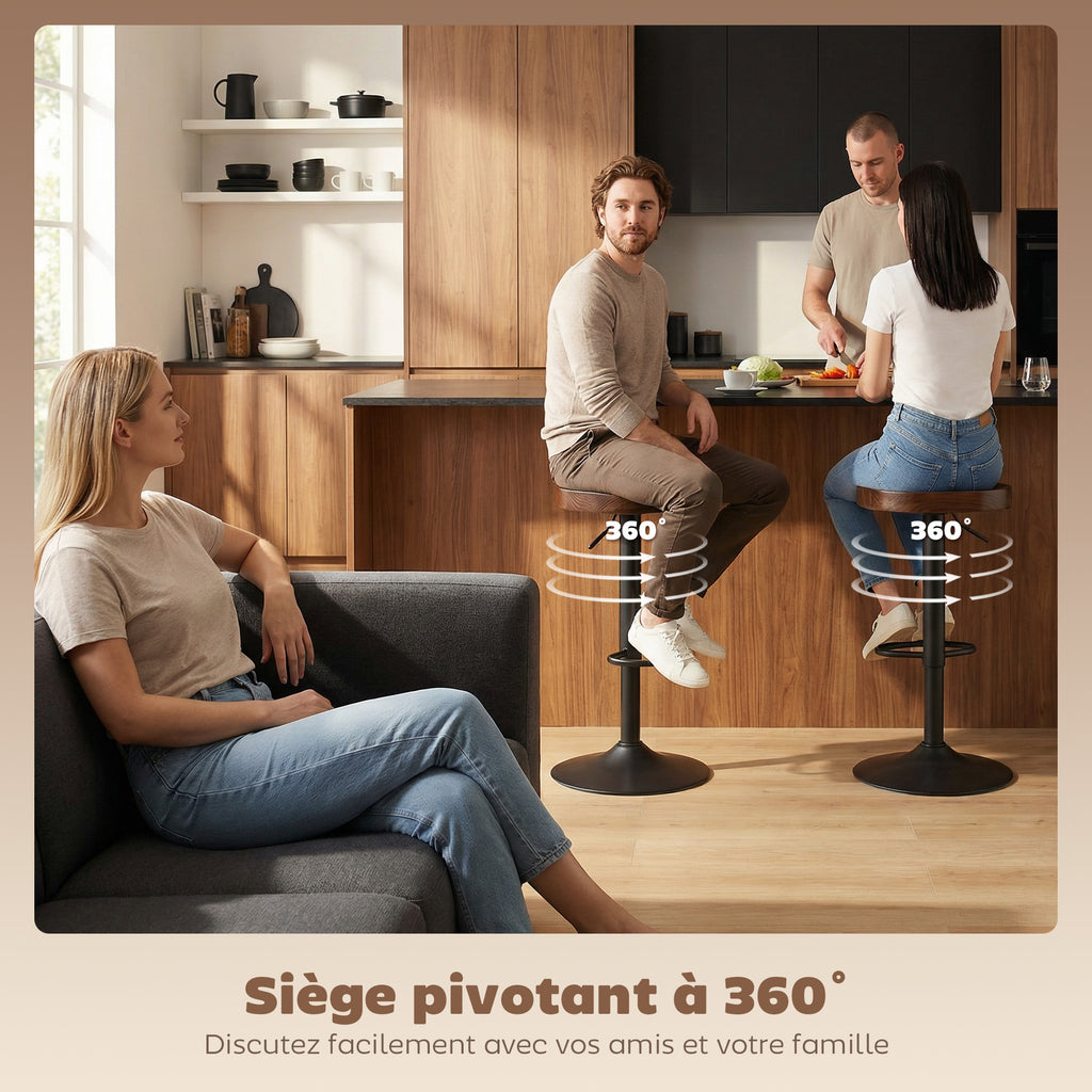 Tabourets de Bar Lot de 2 Réglables Pivotants Chaises de Cuisine avec Siège en Bois d'Orme Marron Foncé-4