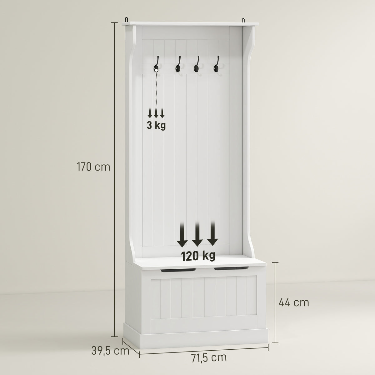 Meuble d'entrée 4 en 1, vestiaire d'entrée avec banc de rangement et 4 crochets doubles, 71,5 x 39,5 x 170 cm, blanc-2
