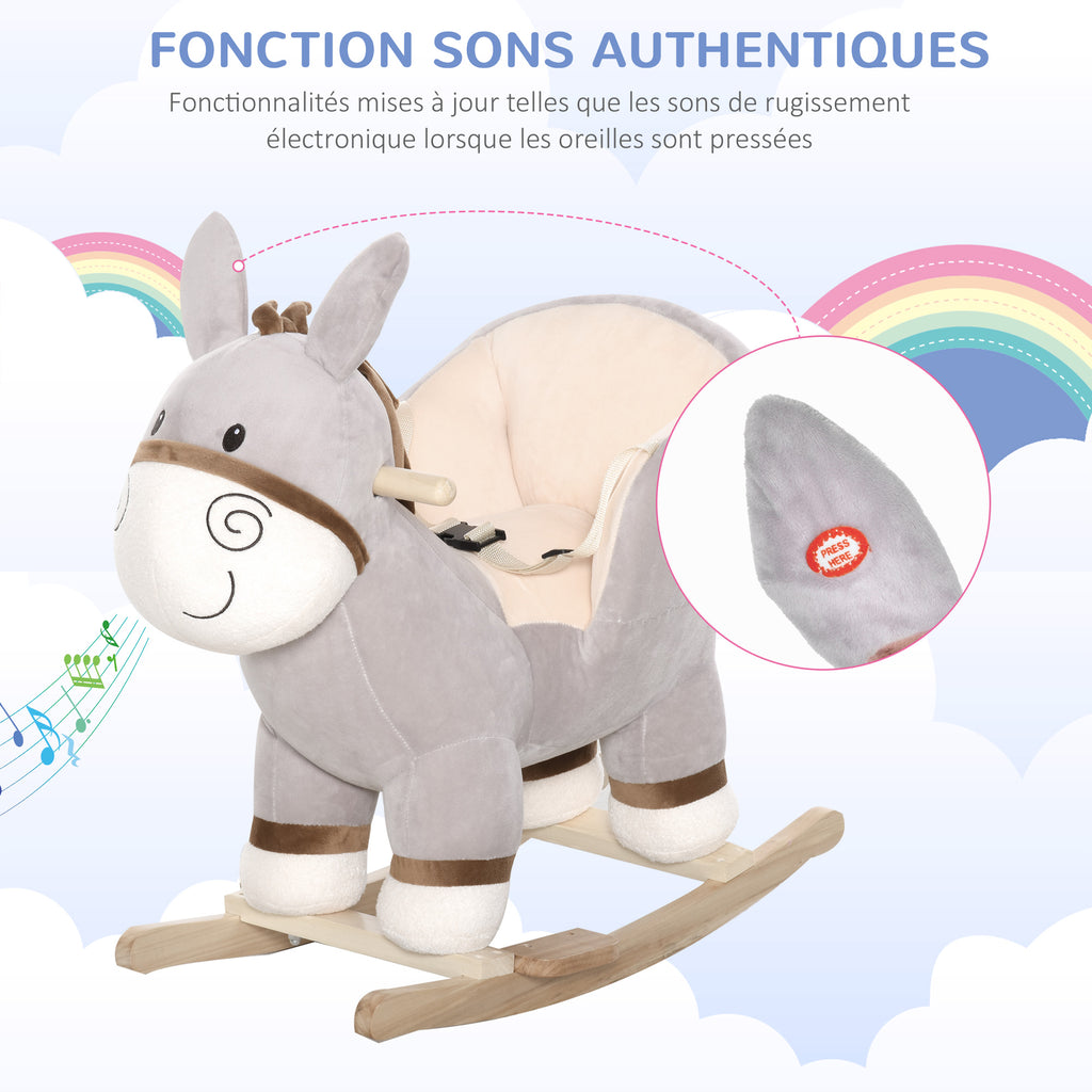 Cheval à Bascule modèle âne Fonction Musicale Selle Grand Confort Peluche Courte Douce Bois peuplier Gris dim. 61L x 34l x 58H cm-5
