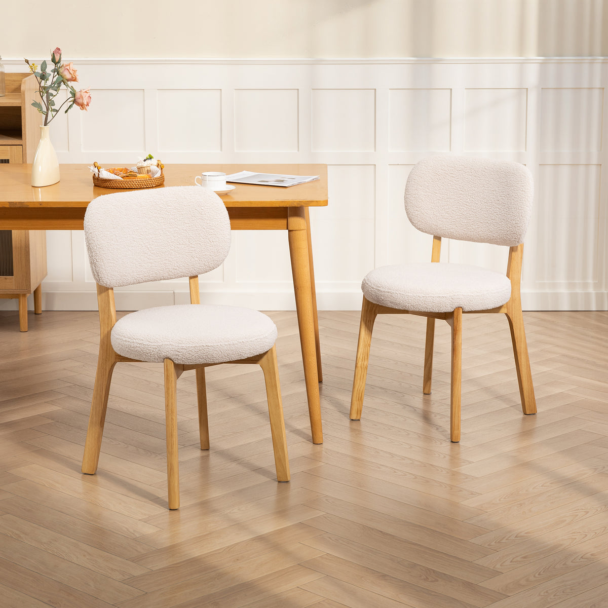 Lot de 2 chaises de salle à manger, chaises de cuisine rembourrées, pieds en bois d'hévéa, 46,5 x 52 x 80 cm, crème-1
