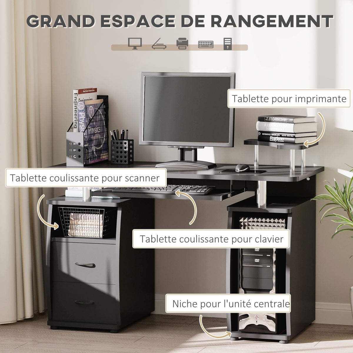 Bureau informatique étagères et tiroir, 120 x 50 x 85 cm, bureau d'ordinateur avec rangement support imprimant et clavier, table d'étude pour chambre, bureau, noir-3