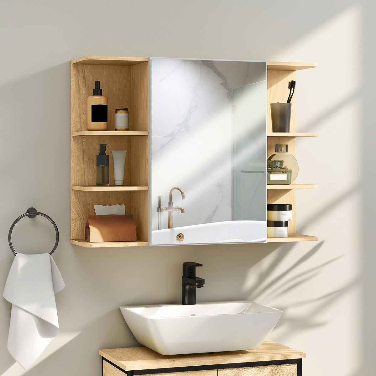 Armoire murale salle de bain avec miroir, meuble salle de bain avec étagères ouvertes, 80 x 20 x 59 cm, bois naturel-1