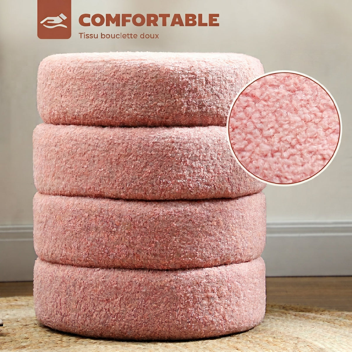 Repose pied salon, tabouret ottoman rond rembourré en peluche Teddy, pour chambre à coucher, entrée, Ø 40 x 45 cm, rose-3