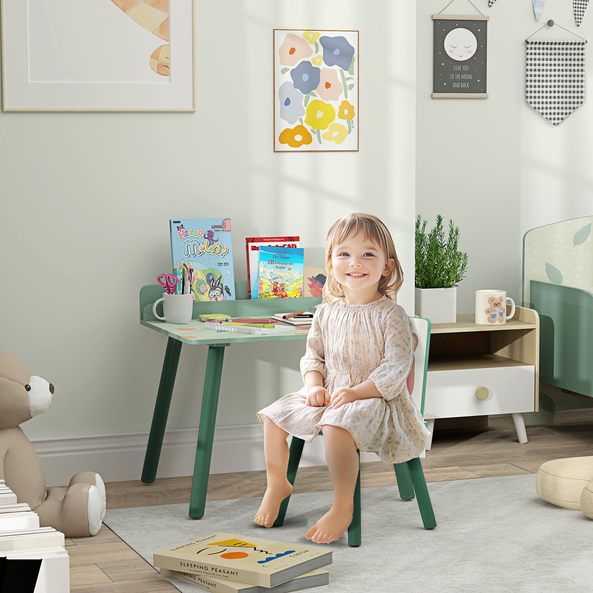 Table Enfant avec Chaise, Ensemble Table et Chaise en Bois pour Dessiner, Jouer, Étudier, Cadeau pour 3-8 Ans, Vert-1