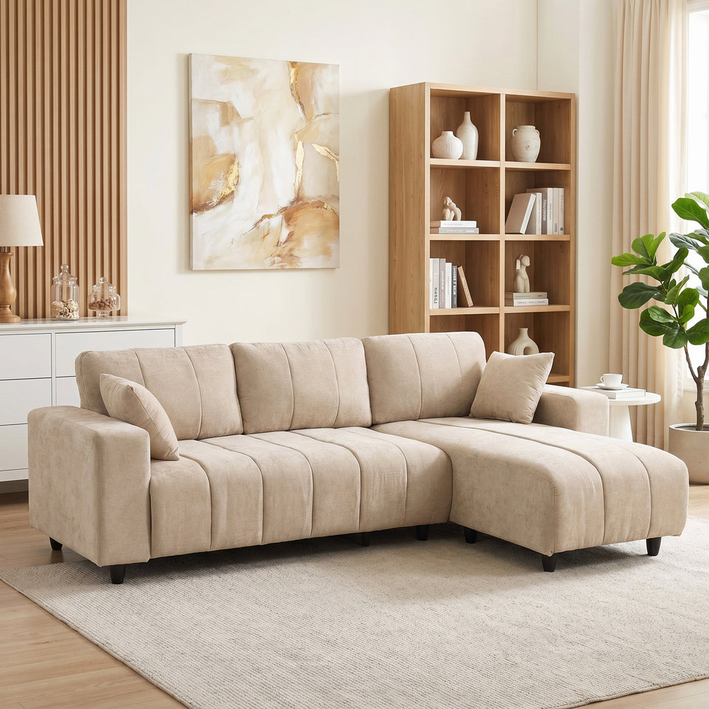 Canapé d'Angle Modulable 242 cm, Canapé 4 Places en L avec Méridienne Réversible, 2 Oreillers, Tissu Aspect Lin, Beige-1