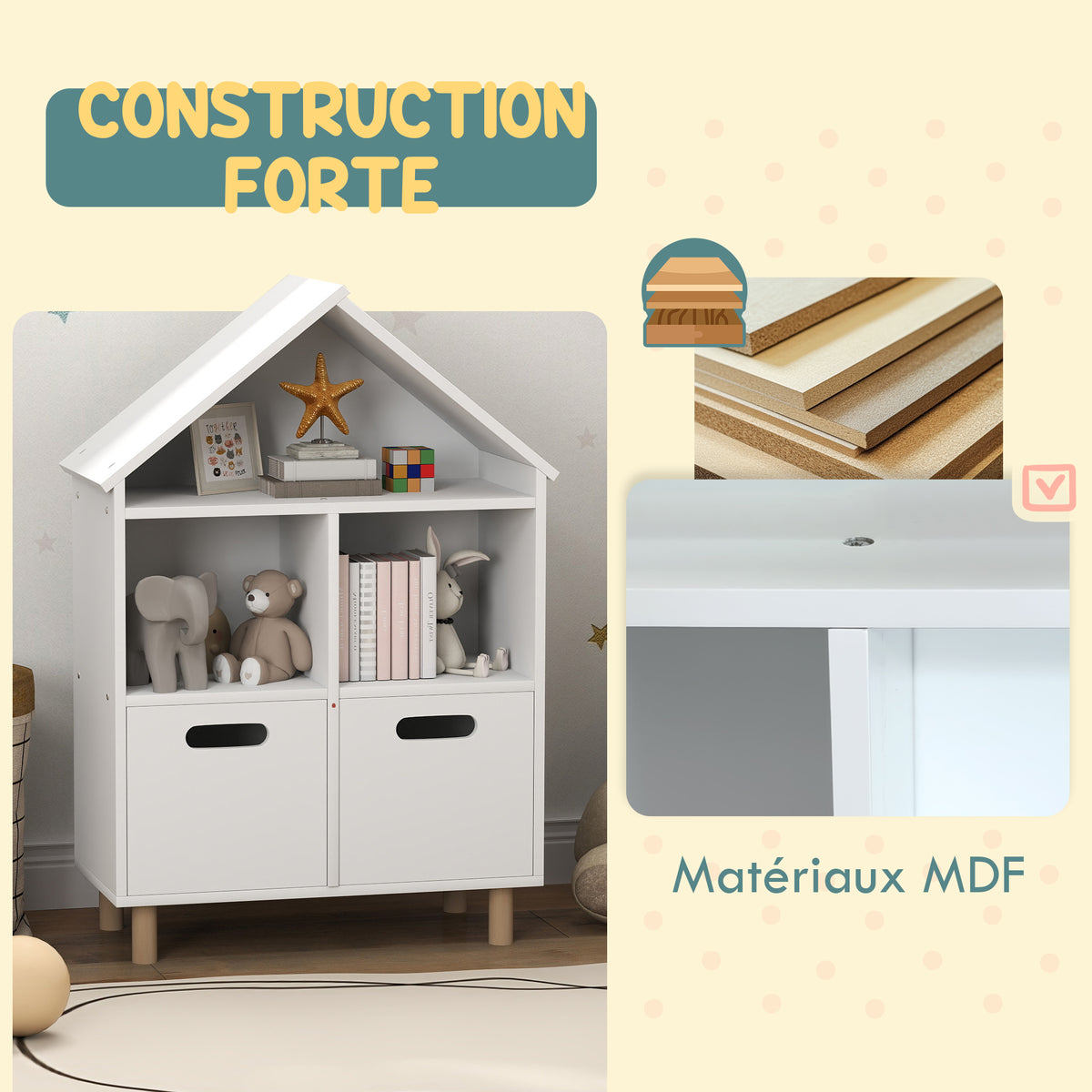 Bibliothèque enfants meuble de rangement enfants 3 niveaux avec deux tiroirs forme de maison 63,7 x 29,7 x 89 cm blanc-4