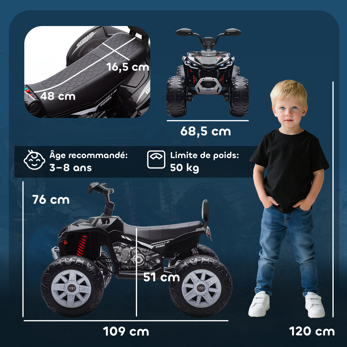Quad électrique enfant 24V, voiture électrique enfants ATV, double moteur, phares, port USB et MP3, 109x68,5x76cm, noir-2