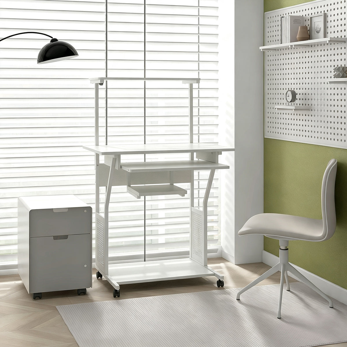 Bureau d'ordinateur roulant avec étagères de rangement, poste de travail et plateau pour clavier, 80x50x130cm, blanc-1