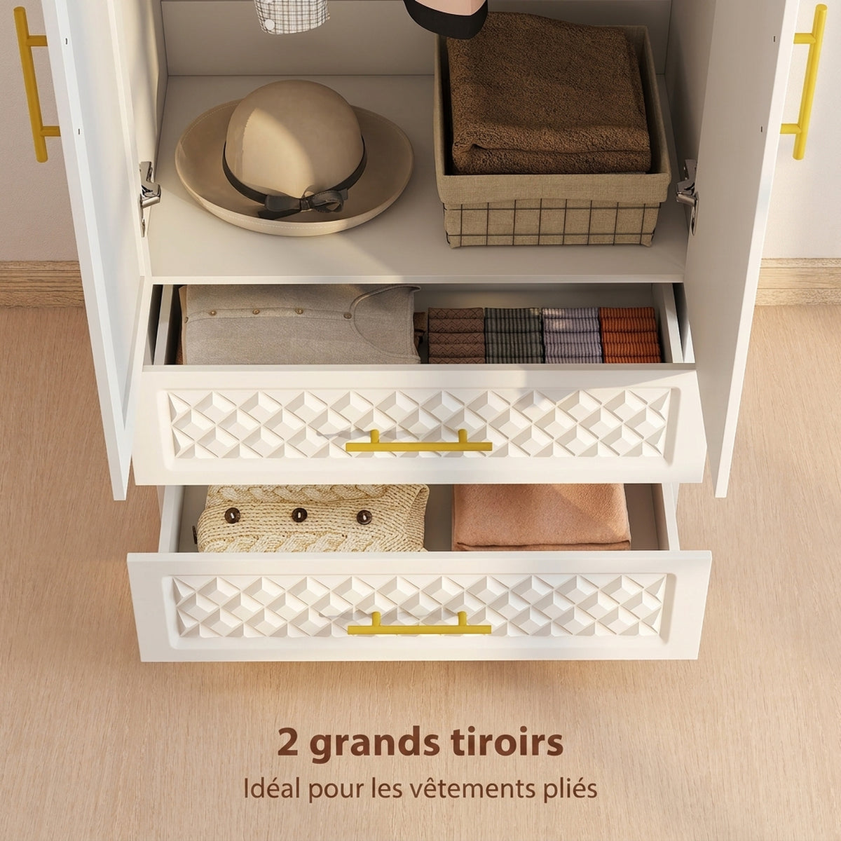 Armoire chambre penderie avec miroir, 2 tiroirs, 2 portes et barre de suspension, 80 x 50 x 180 cm, blanc-4
