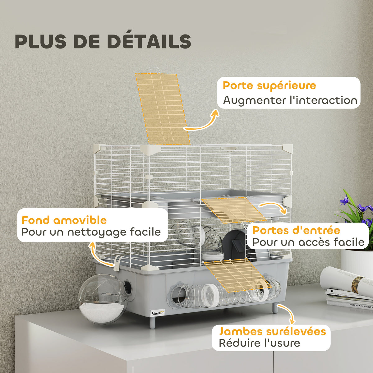 Cage pour hamster  à 2 niveaux avec roue de course salle de bain en sable pour hamster nain 44,5 x 28 x 44 cm gris-5