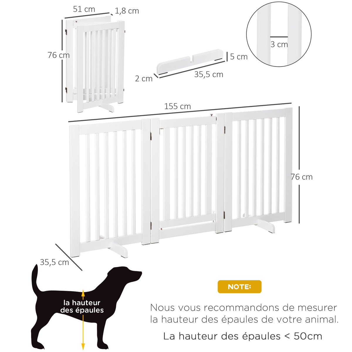 Barrière de sécurité chien barrière modulable pliable avec porte verrouillable intégrée 155 x 35,5 x 76 cm MDF blanc-2