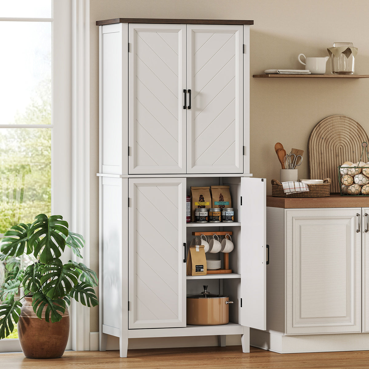 Buffet haut cuisine 6 niveaux, armoire de cuisine, 4 portes à chevrons et 4 étagères réglables, 76x40x178,5cm, blanc-1