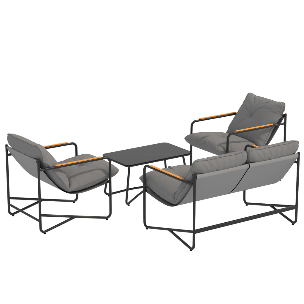 Salon de Jardin 4 Pièces Ensemble avec Canapé 2 Places, 2 Fauteuils et Table Basse Verre Trempé Coussins 13cm Gris Clair-9