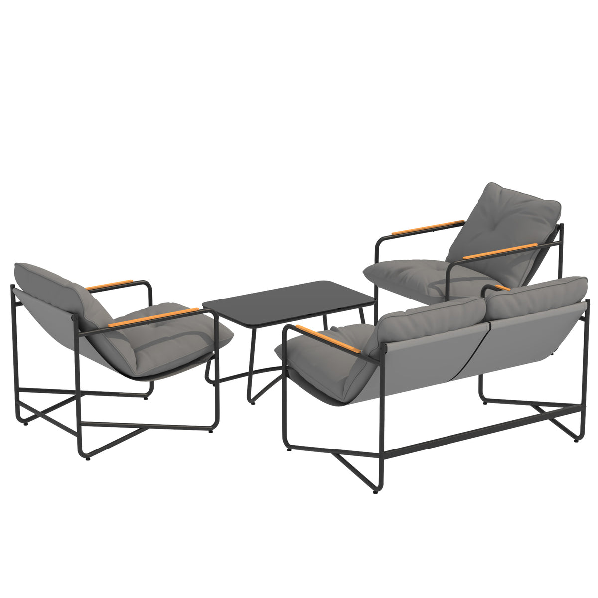Salon de Jardin 4 Pièces Ensemble avec Canapé 2 Places, 2 Fauteuils et Table Basse Verre Trempé Coussins 13cm Gris Clair-9