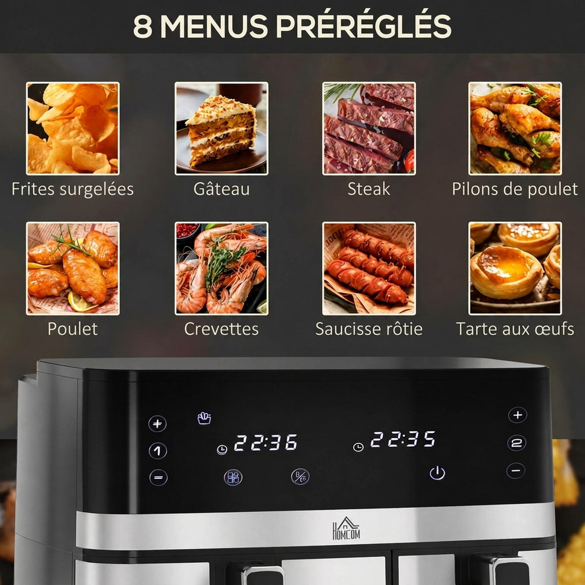 Friteuse à air sans huile, Air Fryer, double compartiment 8,5 L, 2700 W - 8 programmes, température réglable, minuterie-4