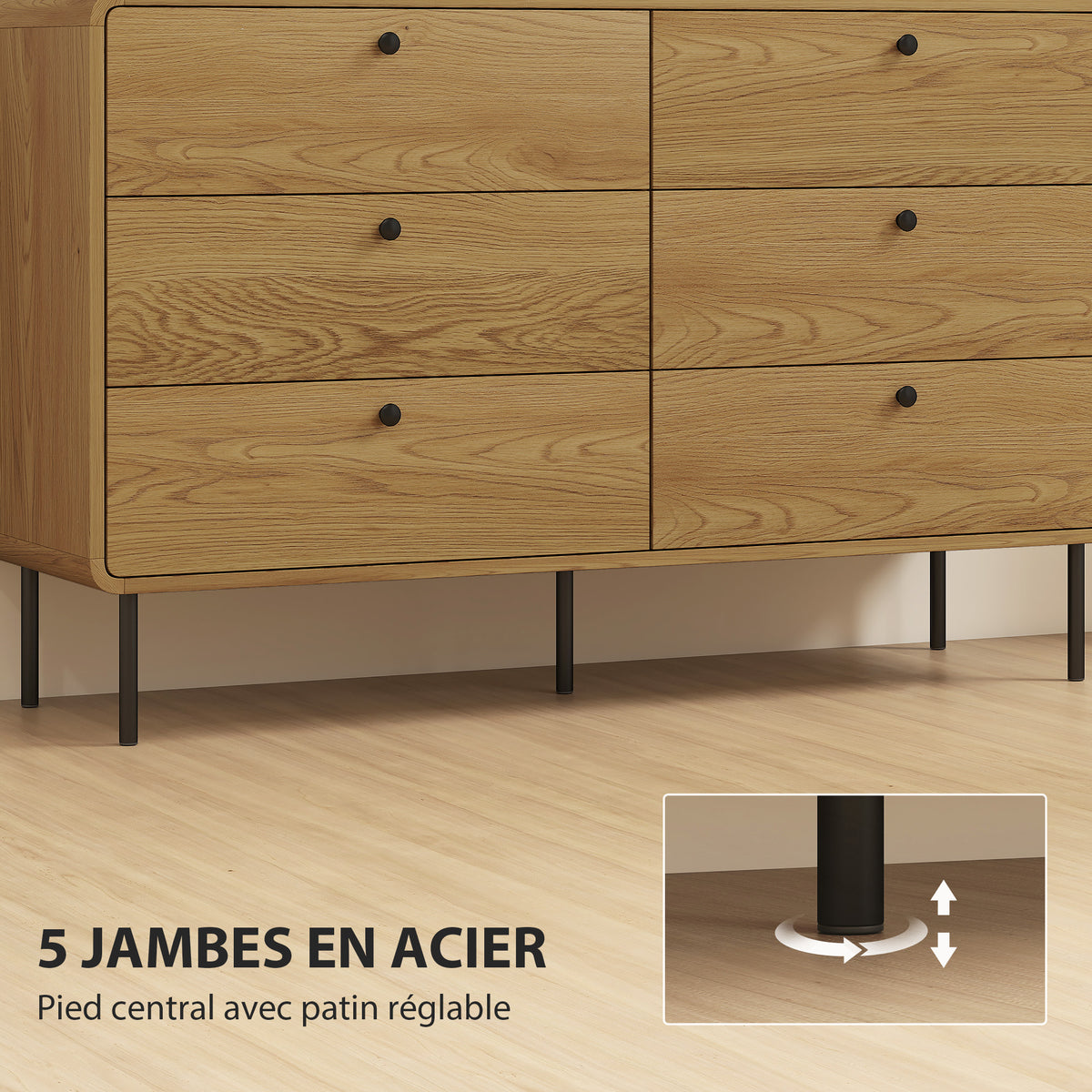 Commode 6 tiroirs meuble de rangement style moderne coins arrondis et pieds en acier 120 x 40 x 75cm effet bois de chêne-5