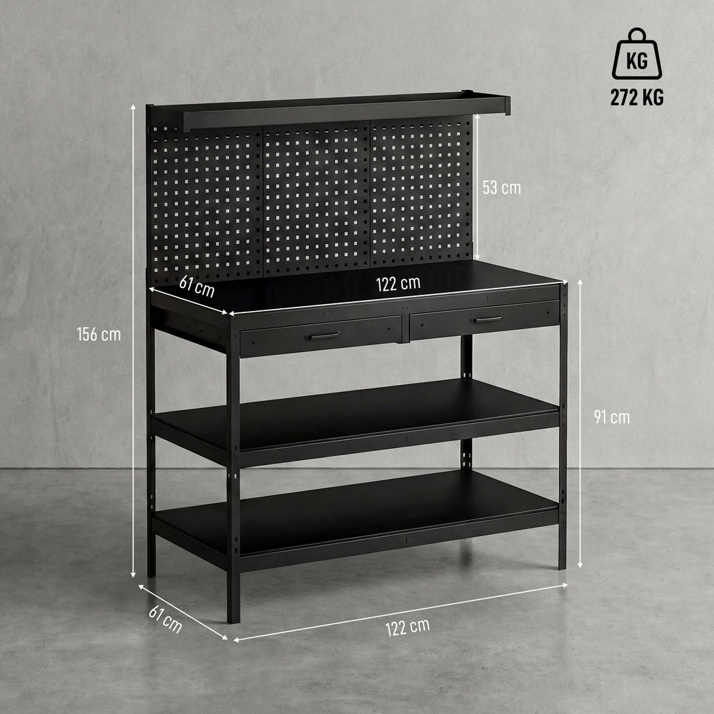 Établi d'Atelier, Charge Max. 272 kg, 122x61x156 cm, Panneau Perforé, 2 Tiroirs et 2 Étagères Réglables, Noir-2