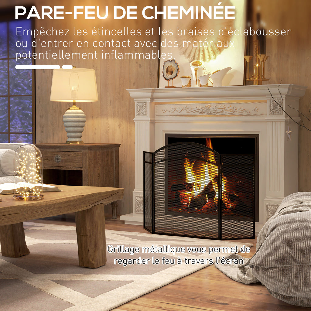 Pare-feu cheminée pliable 3 panneaux pare-étincelles cheminée avec motif en en chevron 96l x 1P x 60H cm métal noir-3