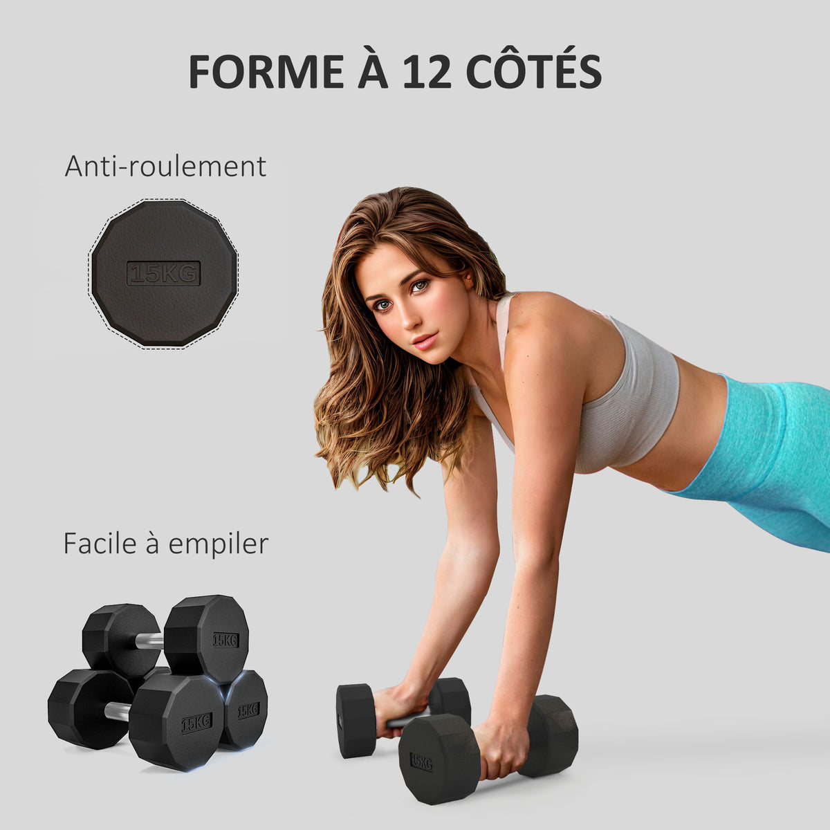 Haltère poignée antidérapante, fitness, sport à domicile, 15kg, noir-3