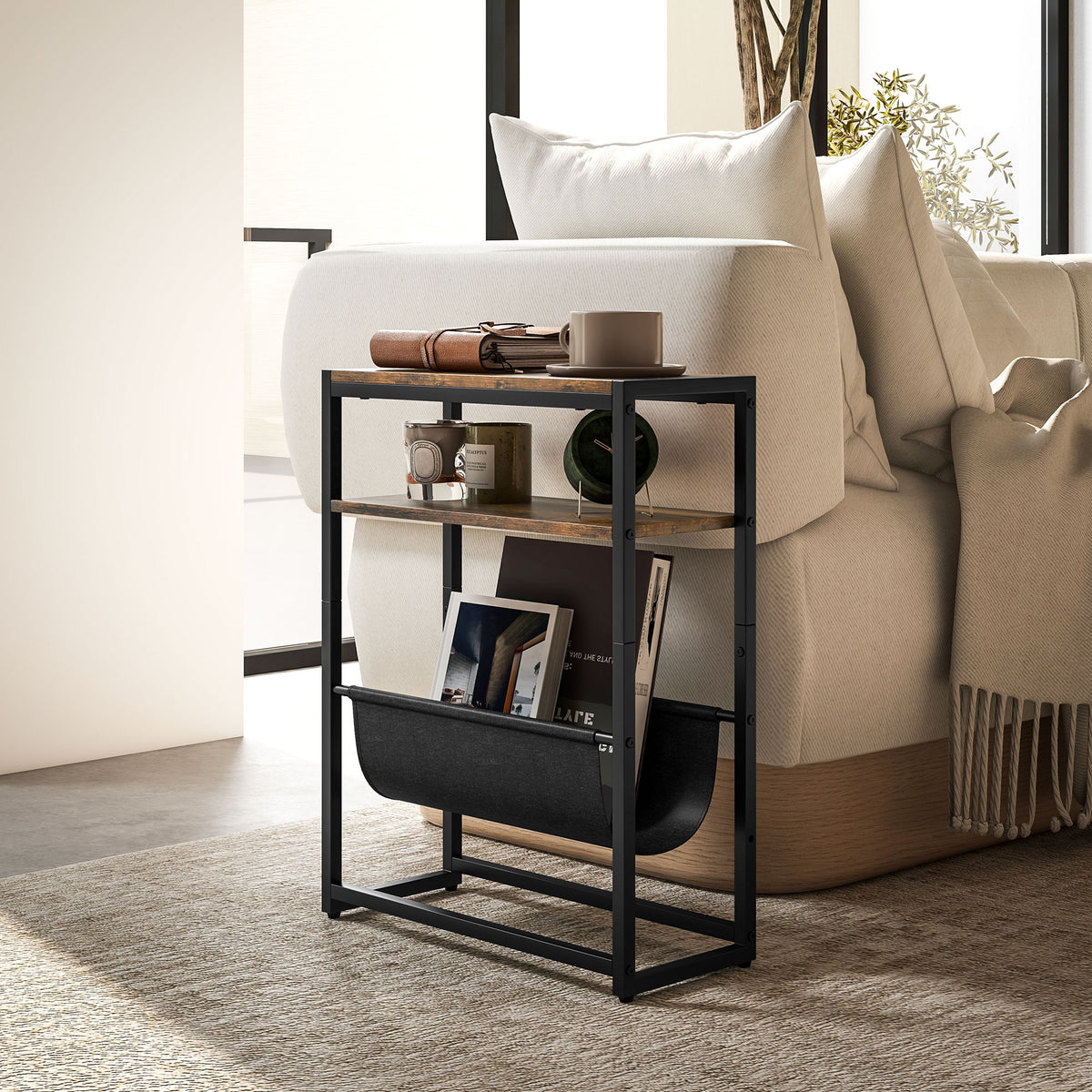 Table d'appoint bout de canapé avec étagère et porte-revues structure en acier design industriel - 43l x 18P x 56H cm-1