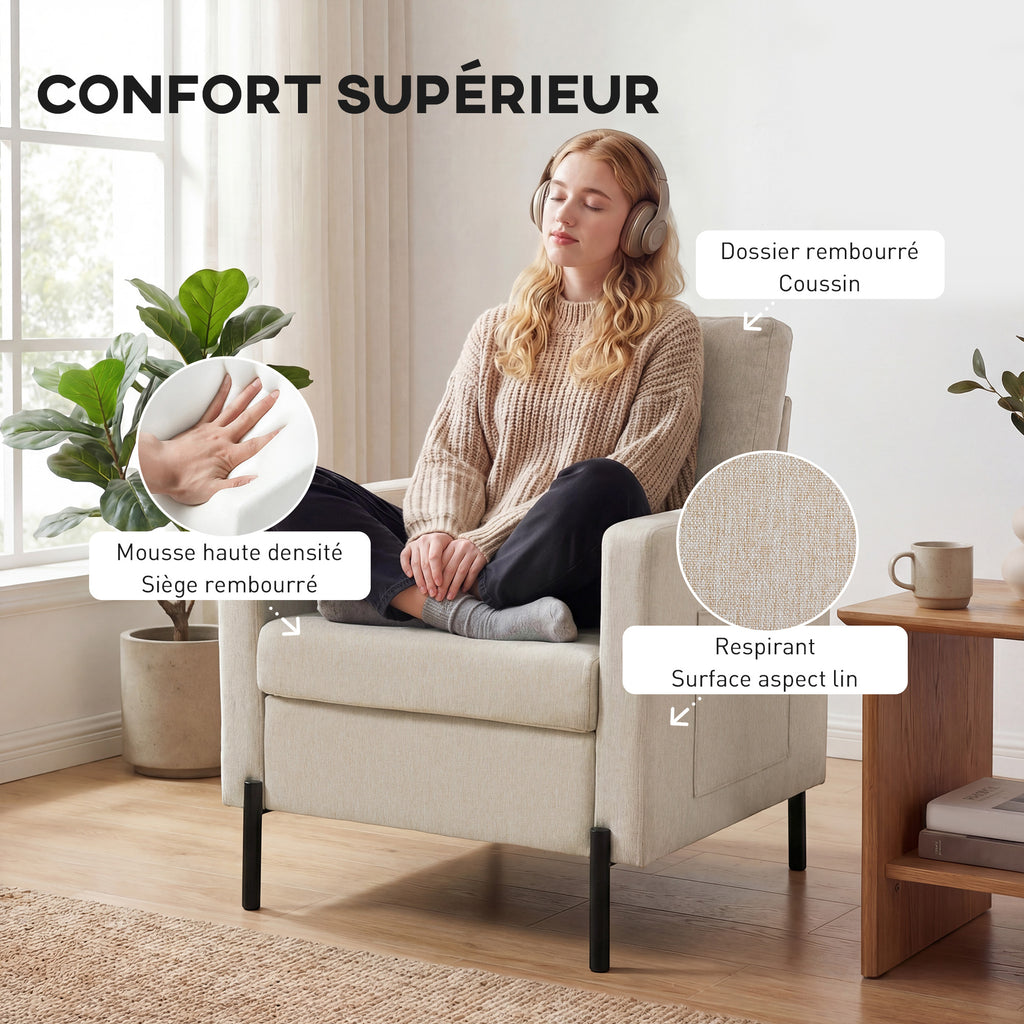 Fauteuil de salon, canapé 1 place rembourré avec accoudoirs, assise large et pieds en acier, 73 x 77 x 87 cm, beige-3