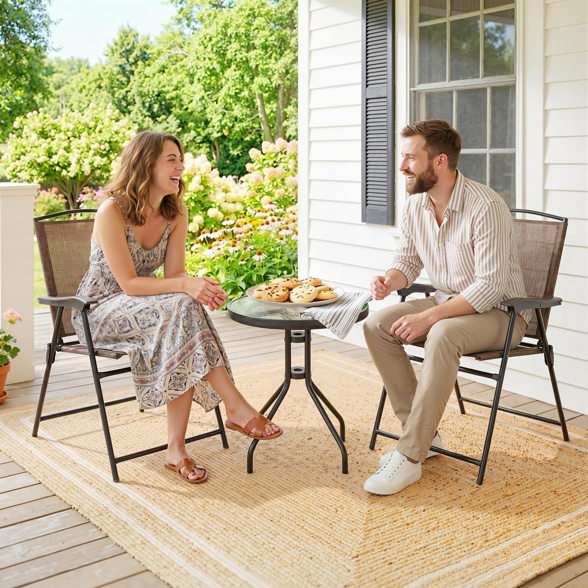 Ensemble de Jardin 3 pièces 2 chaises inclinables Multi-Positions Pliables + Table Ronde Verre trempé métal-8