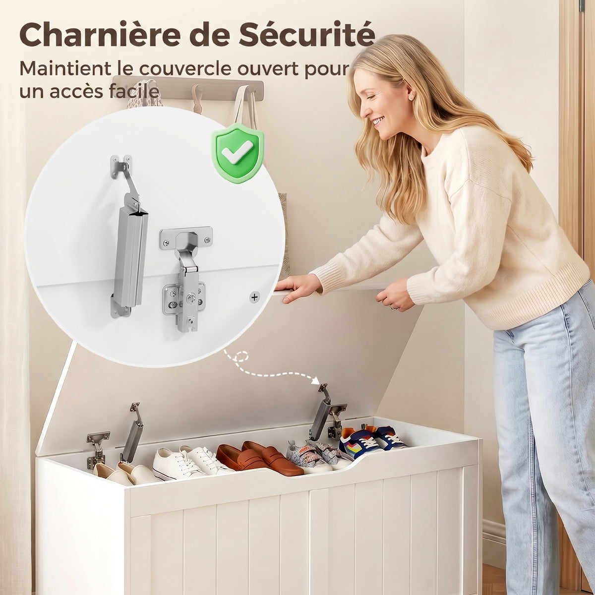 Coffre de Rangement 136 L, Banc Coffre avec 2 Charnières de Sécurité et Design Sans Poignée, 100 x 40 x 45 cm, Blanc-4