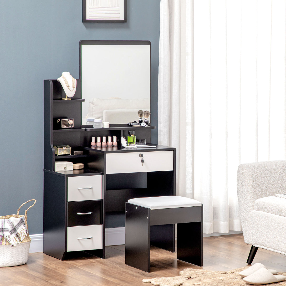 Ensemble de coiffeuse table de maquillage avec tabouret rembourré grand miroir + plusieurs étagères ouvertes + 4 tiroirs blanc noir-9