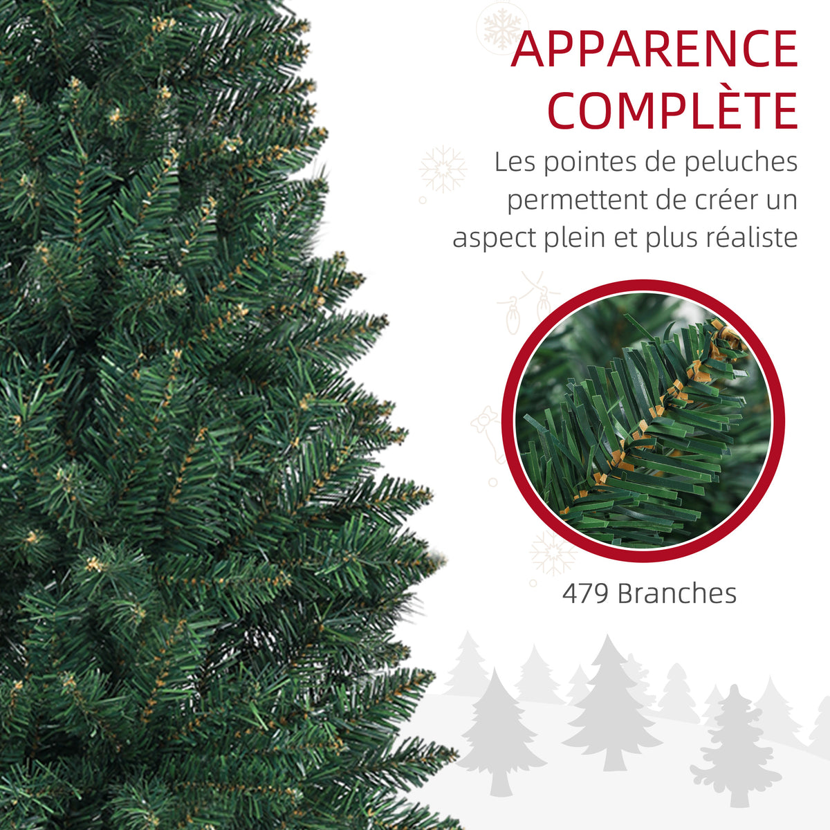 Sapin de Noël Artificiel 180 cm Arbre de Noël Slim avec support en acier pliable, 479 branches épines Vert-4