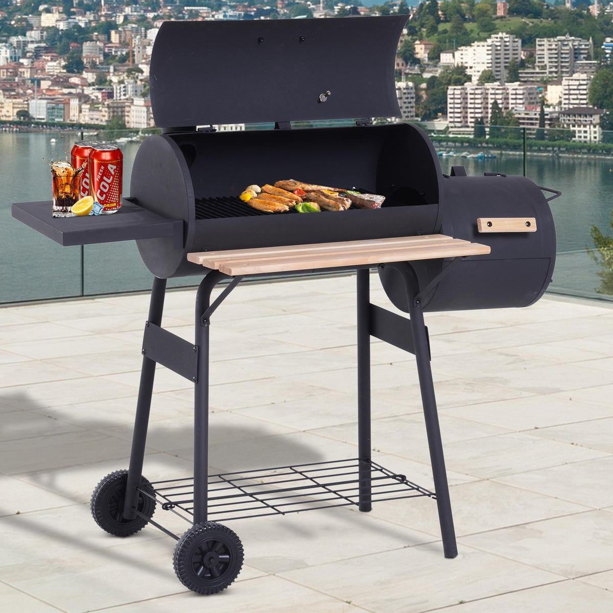 Barbecue à Charbon fumoir BBQ Grill Smoker sur Pied avec Couvercle, roulettes, thermomètre, étagères Noir-1