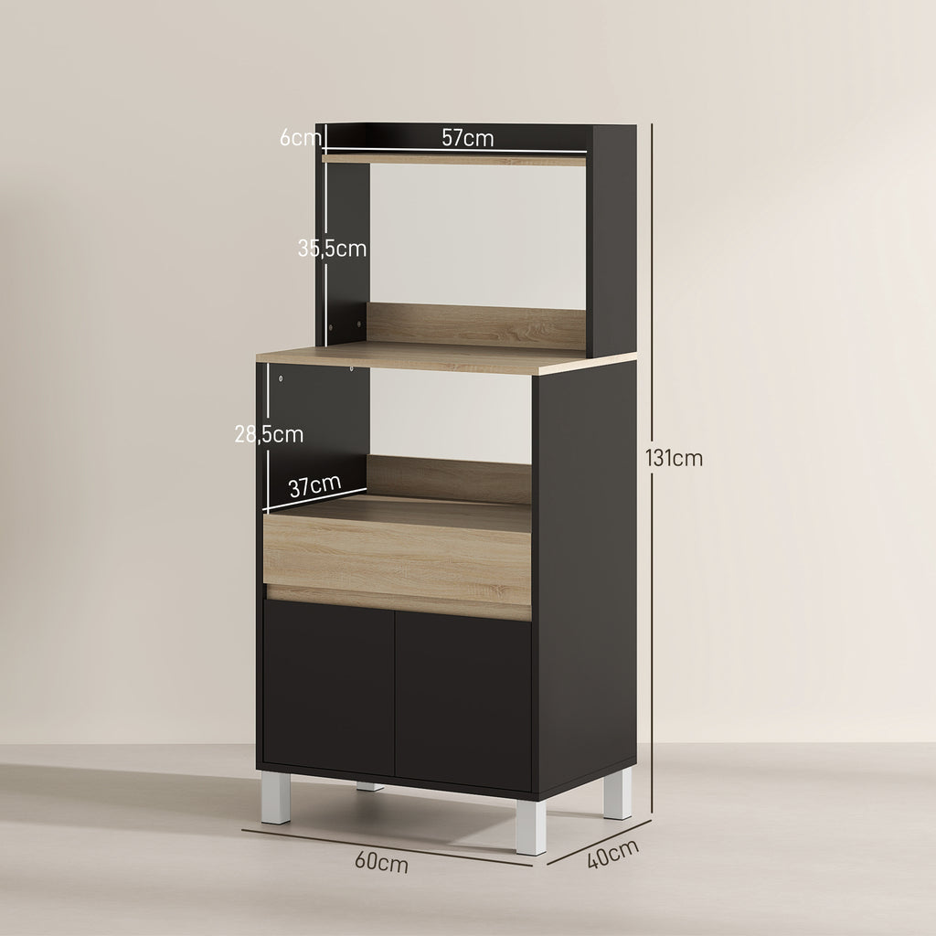 Meuble micro onde, buffet cuisine avec placard tiroir étagère supérieur, 60 x 40 x 131 cm chêne et noir-2