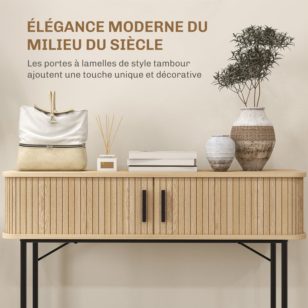 Console meuble, table console avec portes coulissantes à lattes et pieds en acier, pour salon, chêne et noir-3